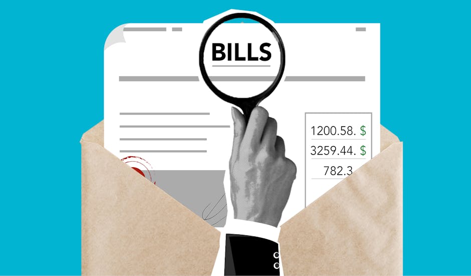 A close-up view of a hand holding a magnifying glass over a printed bill to examine the word 'BILLS' on the document. The hand appears to be from a person wearing a formal suit, with a black cuff and 